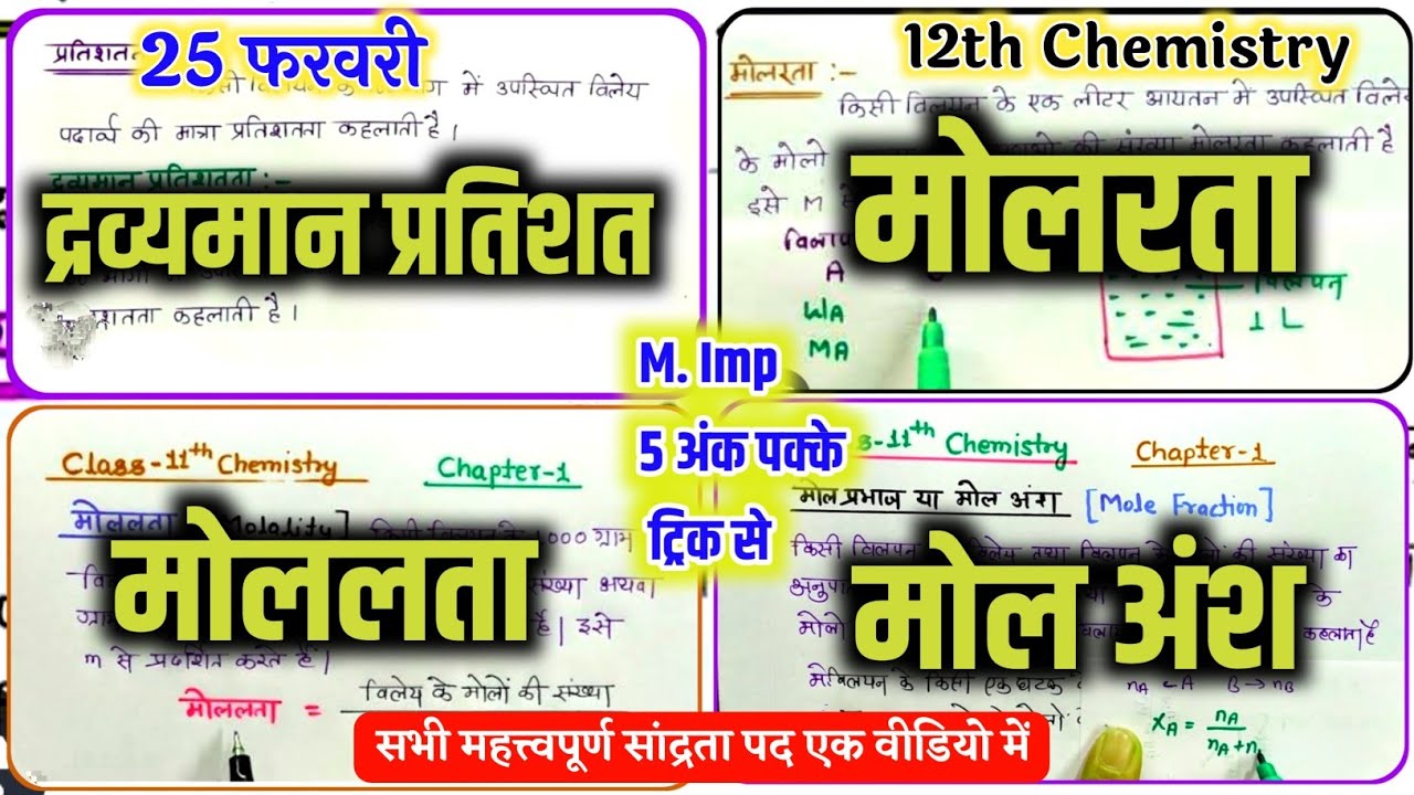 द्रव्यमान प्रतिशत, मोललता, मोलरता, मोल अंश का परिभाषा, // 12th Chemistry Important question 2026 🔥
