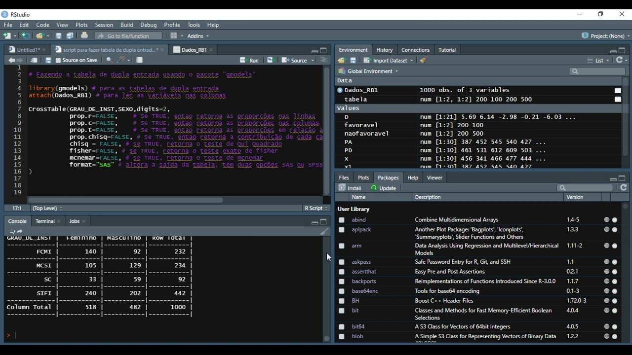 TABELA DE DUPLA ENTRADA COM A FUNCAO CROSSTABLE DO R (ou RStudio)