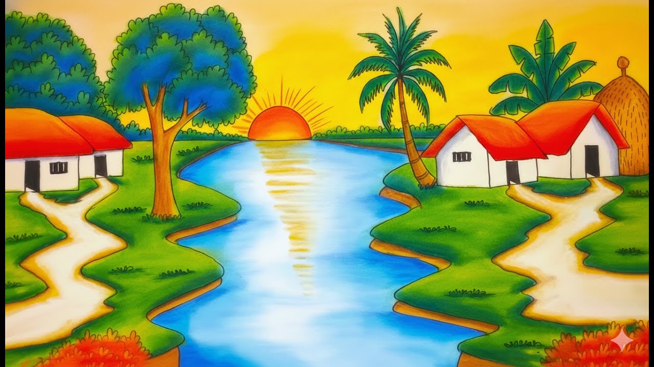 How to Draw Village Scenery with Sunset Step by Step | Beautiful Landscape with Sunset & River
