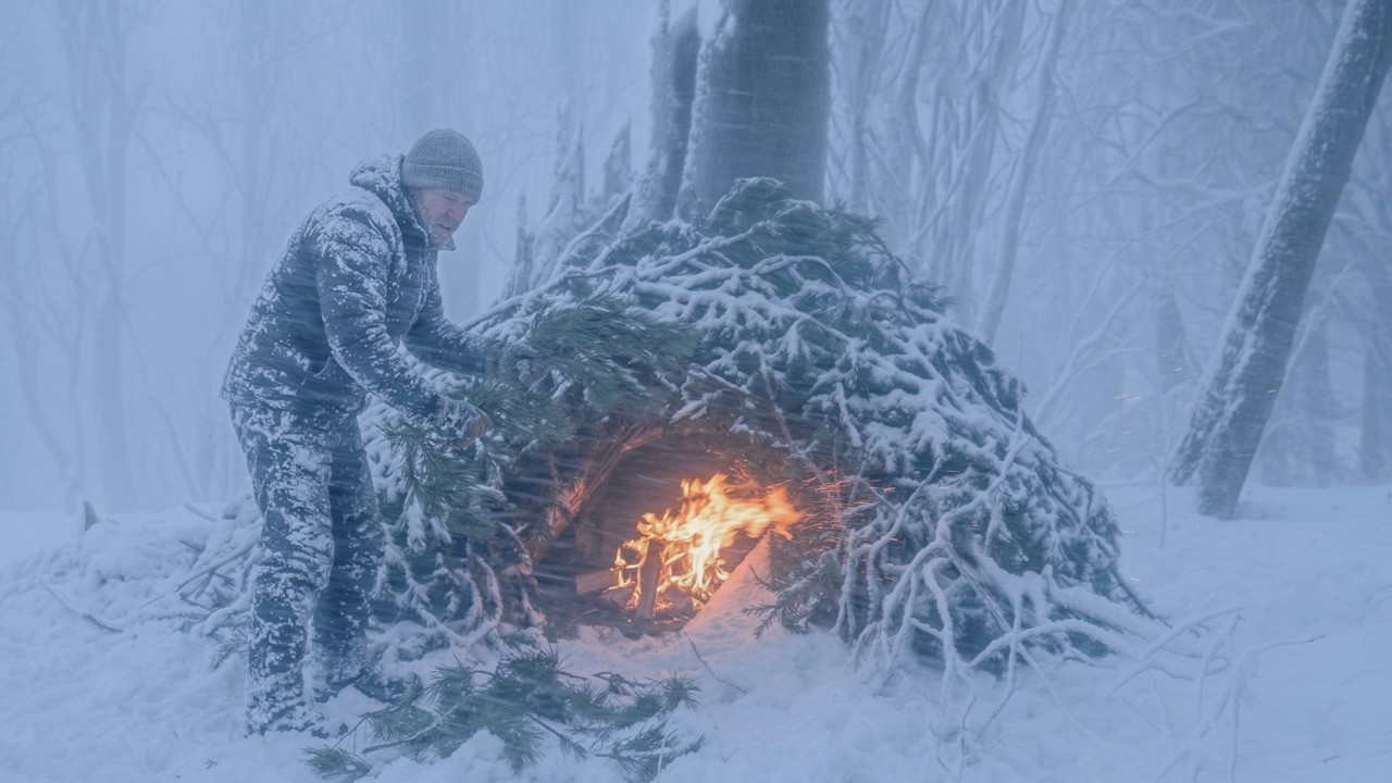 Solo Building a Bushcraft Shelter for Surviving the SNOWSTORM | Extreme Winter Survival