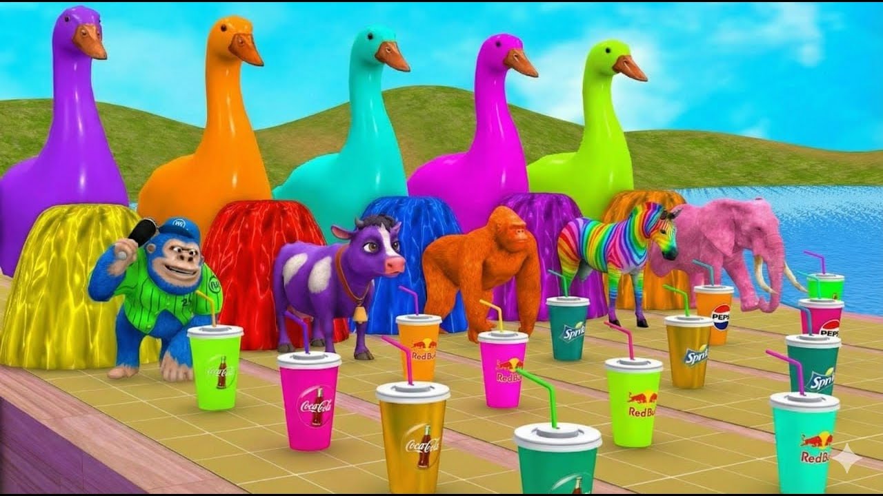 LONG SLIDE GAME WITH ELEPHANT GORILLA HIPPOPOTAMUS TIGER 3D ANIMAL GAME FUNNY 3D