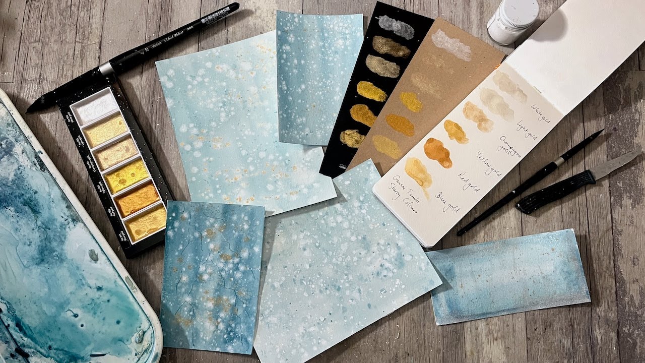 Winter watercolour backgrounds and Kuretake gold paint swatching