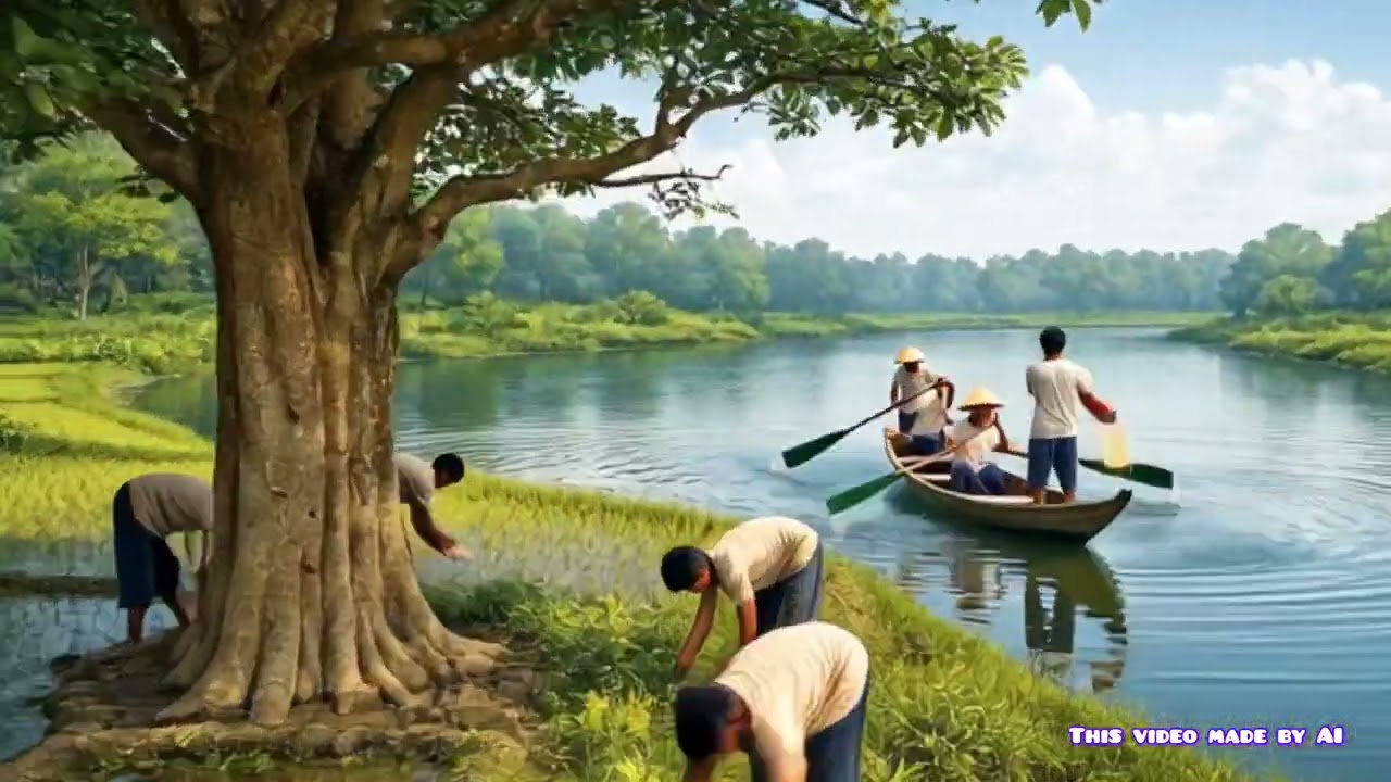 কৃষক জমিতে কাজ করছে এবং জেলেরা নদিতে মাছ দরছে।|| Rural beauty of village. 