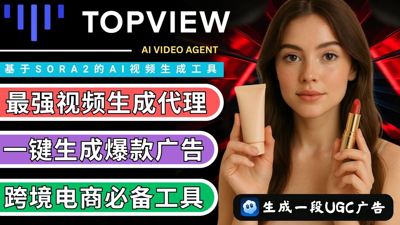 Topview视频代理 + Sora2：跨境电商必备最强AI UGC广告生成器，一键生成TIKTOK爆款短视频，支持图像/视频参考，免费体验