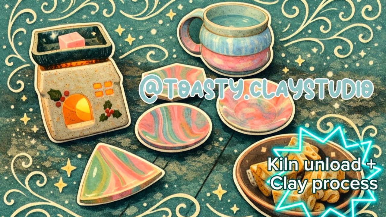 Home pottery studio kiln unload after work; cottagecore wax melter, marbled clay + tiny gingerbreads