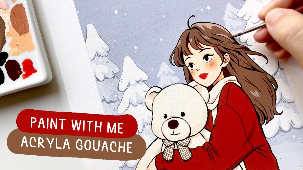 🧸 Paint with me / Relaxing Holbein Acryla Gouache Illustration Process