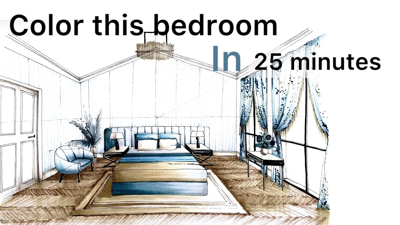 Let’s color this bedroom in 20 minutes : interior perspective coloring 🩵🩶