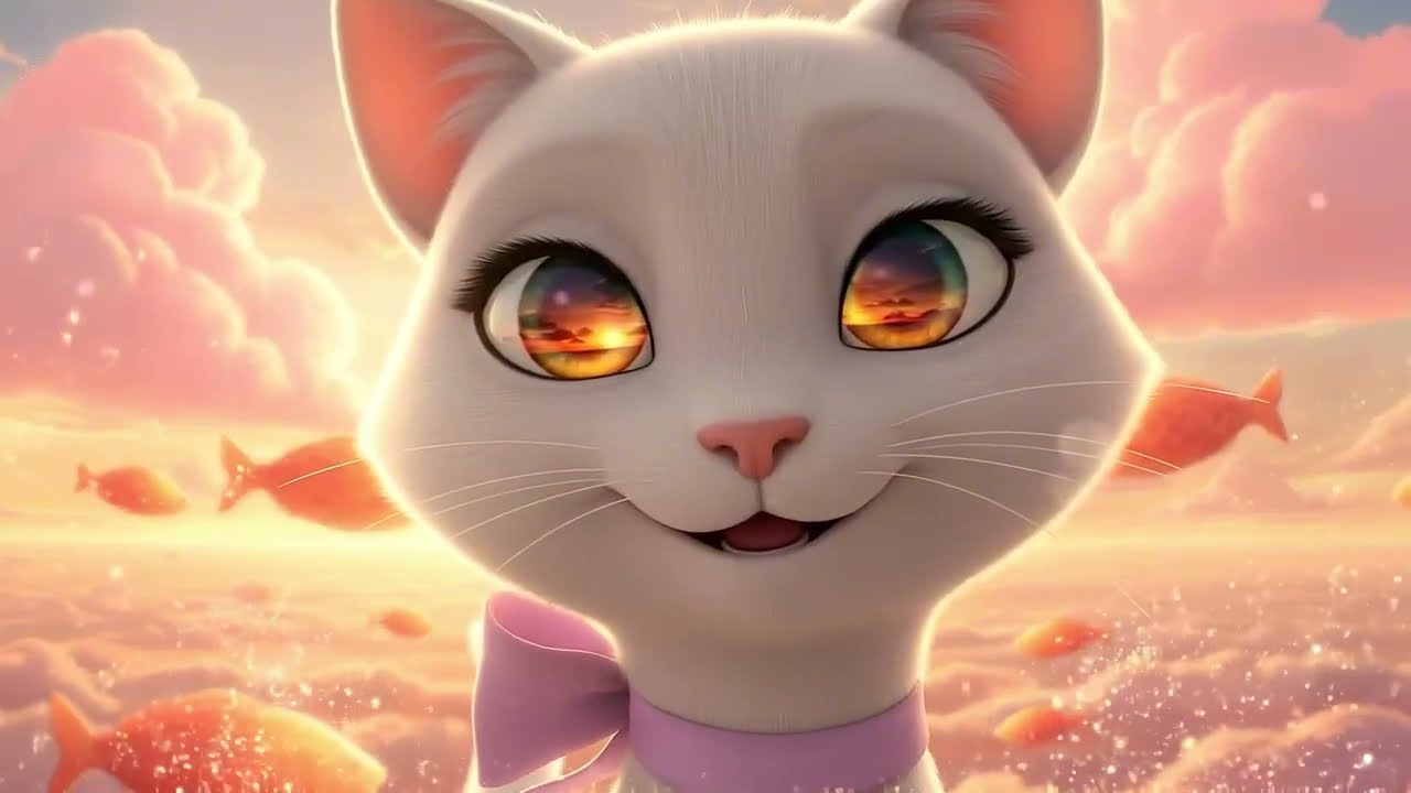 Lovely cat story The story of the white cat dreaming of playing on pink clouds.