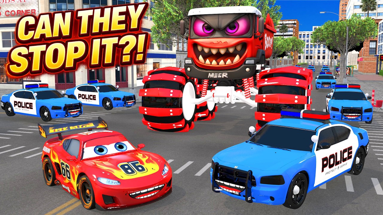 Heros Power Red & Police vs Monster Dump Truck in a High-Speed Rescue Chase