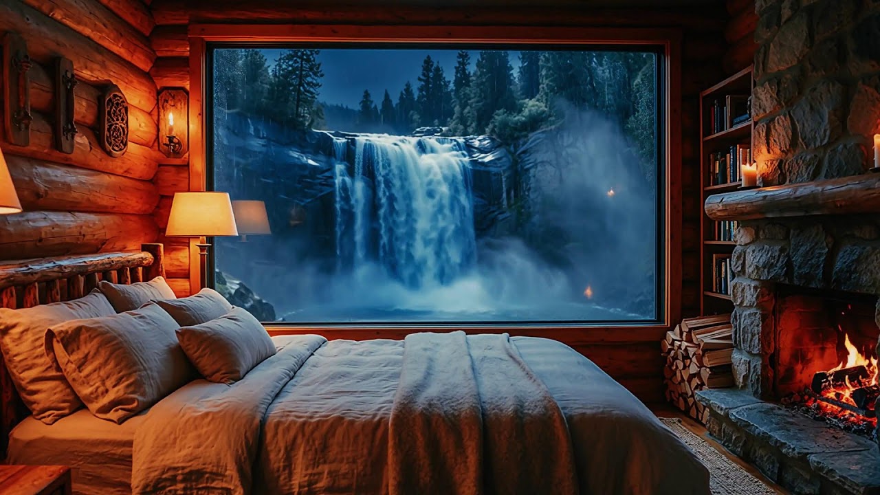 12 HOURS   Waterfall Cabin Ambience   Relaxing Fireplace & Heavy Rain for Sleep