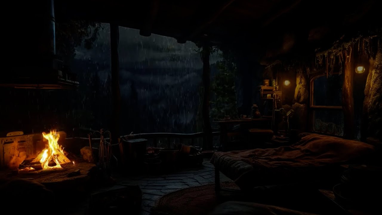 Warm Cabin Escape 🏠 Rain, Fireplace & Gentle Thunderstorm Sounds for Peaceful Sleep 🌧️🔥
