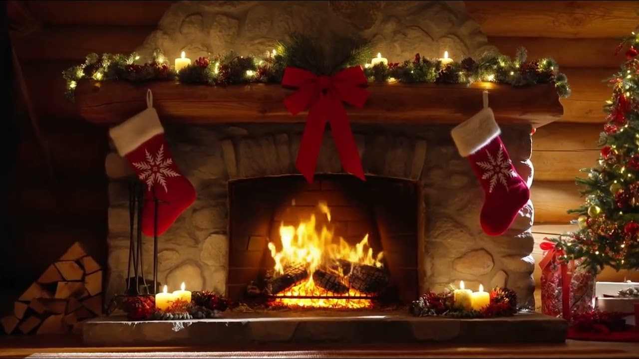 Cozy Christmas Fireplace Scene 🔥 Log Cabin Holiday Ambience