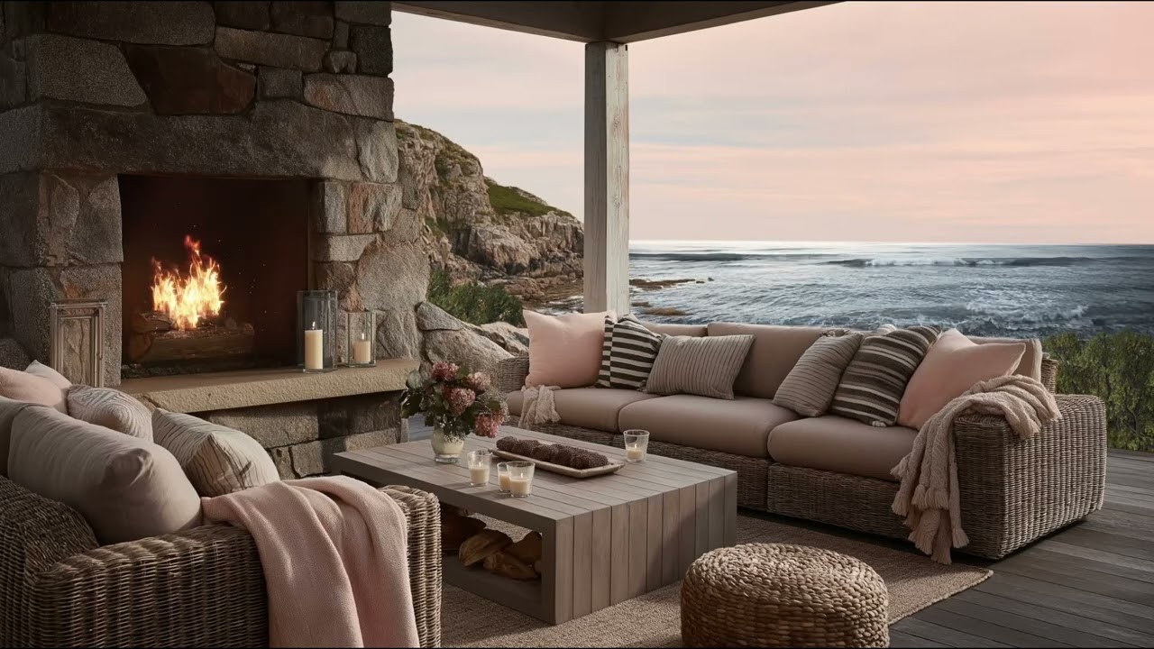 Ocean Sounds & Relaxing Fireplace ASMR with Crackling Fire for Focus & Relaxation