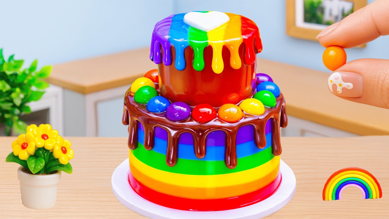Amazing Mini Rainbow Cake 🌈 Glossy Chocolate & Colorful Candy Topping🍫HT Mini Cakes