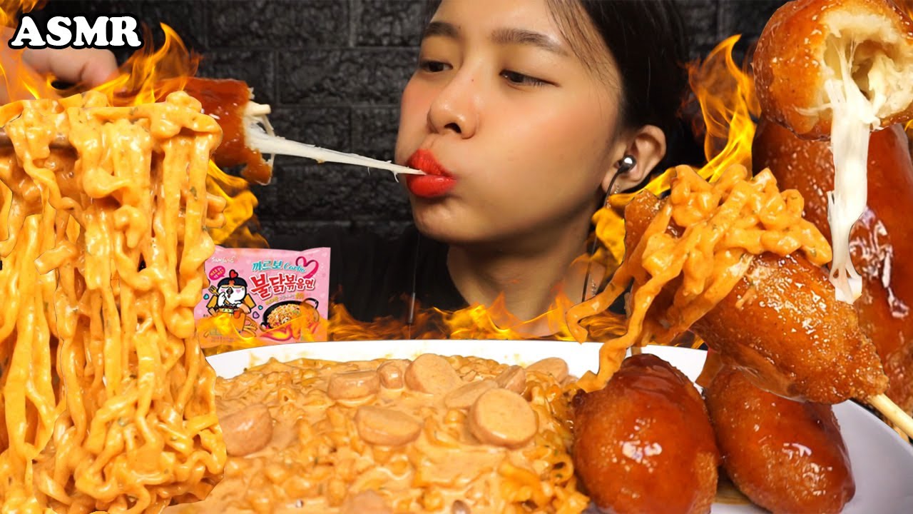 ASMR Carbo FIRE NOODLES with Creamy Rosé Sauce & Spicy LAVA Mozzarella Corn Dog | Eating Sounds