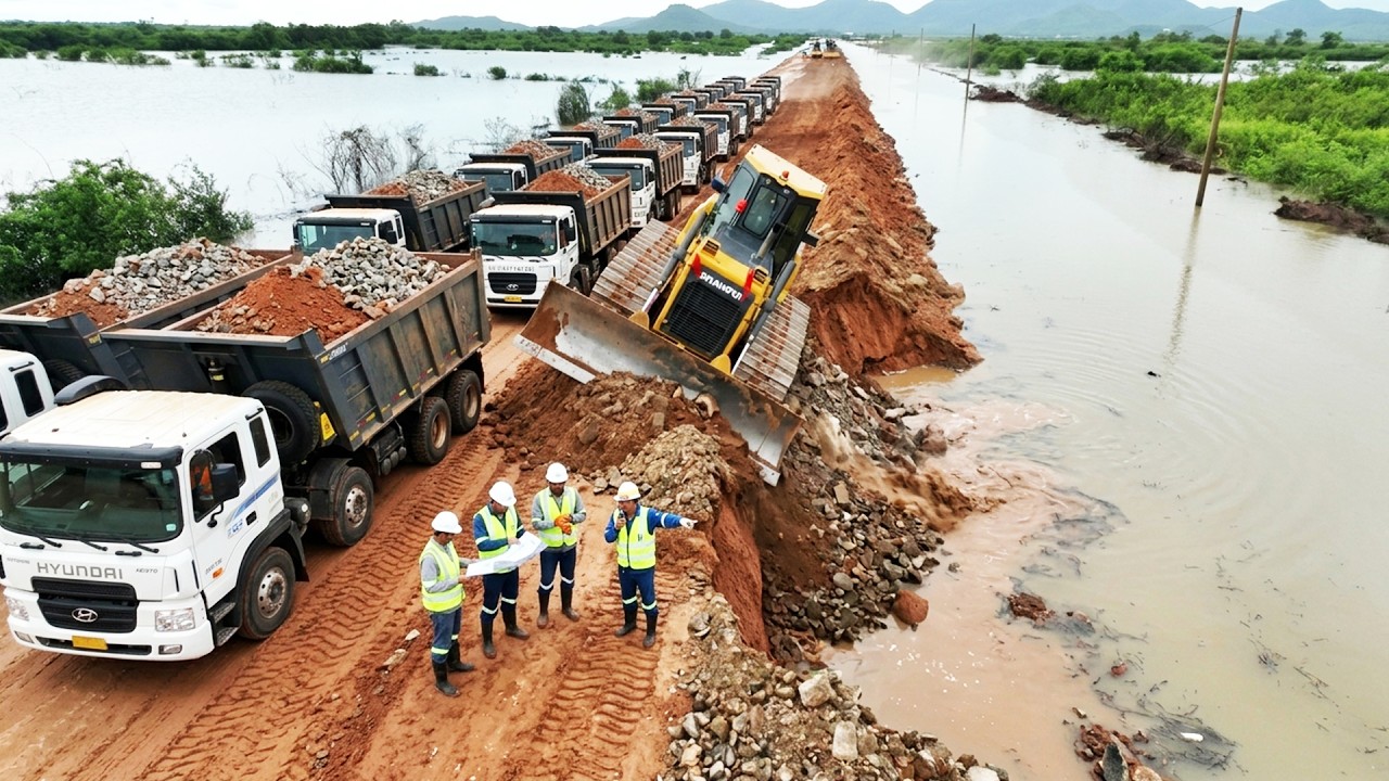 The Amazingly Project New Road Building Over Flooding Use SHANTUI Bulldozer and 24Ton Truck Delivery