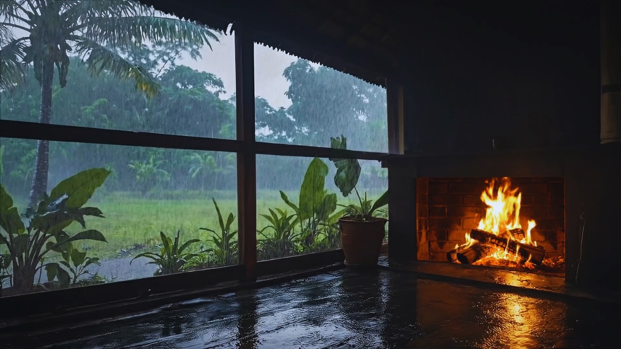 Stormy Night by the Window 🔥 Heavy Rain & Warm Fireplace for Deep Sleep (2 Hours)