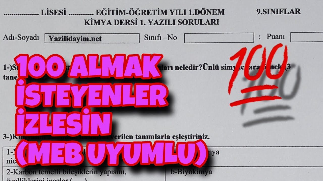 9.Sınıf Kimya 1.Dönem 1.Yazılı