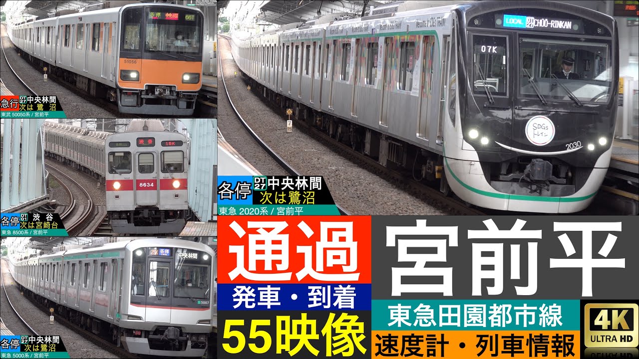4K / 東急 田園都市線 宮前平駅 / 急行, 準急, 各駅停車, 高速通過 発車, 到着 [列車情報,速度計付き]