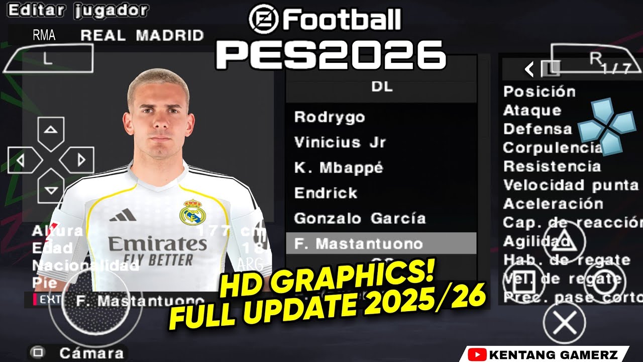 EFOOTBALL PES 2026 PPSSPP ISO NO TEXTURES & NO SAVE DATA NEW KITS 2025/26 REAL FACES & TRANSFERS