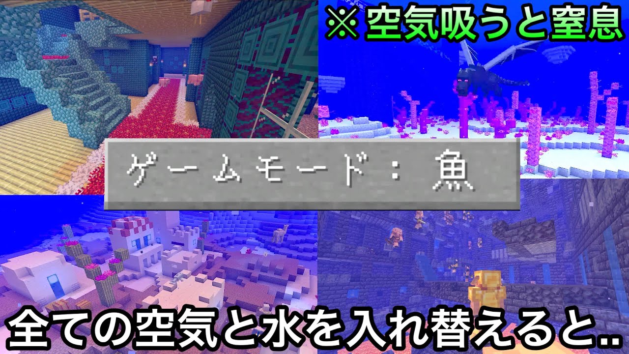 【マイクラ】存在する全てが沈没した世界ならサバイバルは難化する？易化する？〜空気と水の概念が反転した「魚モード」でエンドラ討伐&気になる検証した結果〜【マインクラフト】【まいくら】