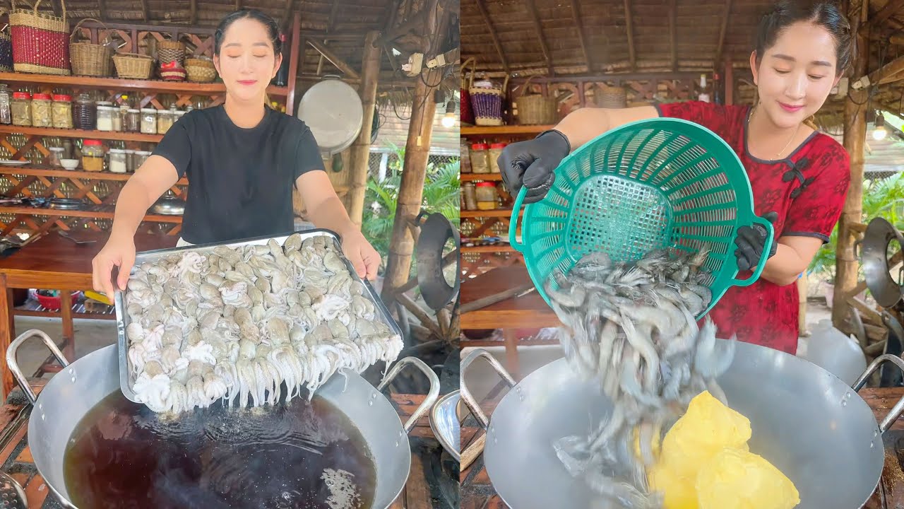 Fry Fresh Water Fish and Cook - Fry Octopus and Shrimp Butter Stir Fry Noodle, Amazing Cooking Skill