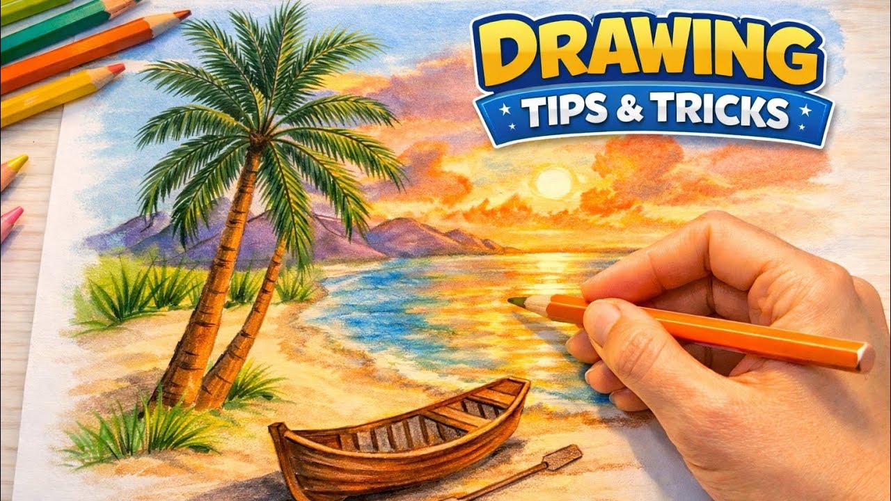 How to Draw a Beautiful Sunset Beach Scenery | Easy & Satisfying Art
