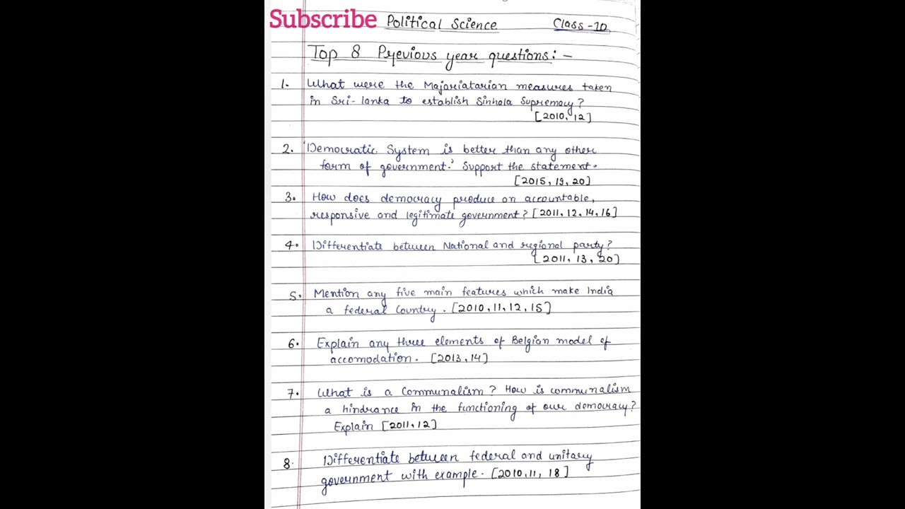 Class 10 political science important question/previous year questions civics 