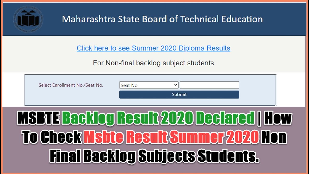 MSBTE Backlog Result Summer 2020 Declared For Non Final Year Subject Students.