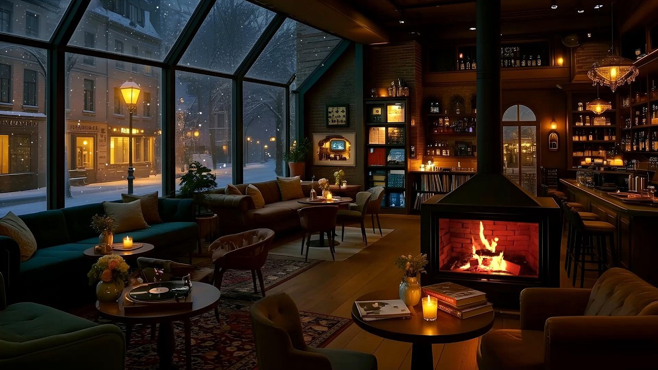Cozy Winter Street Cafe ☕ Soft Jazz with Gentle Snowfall & Crackling Fireplace for Calming, Relaxing