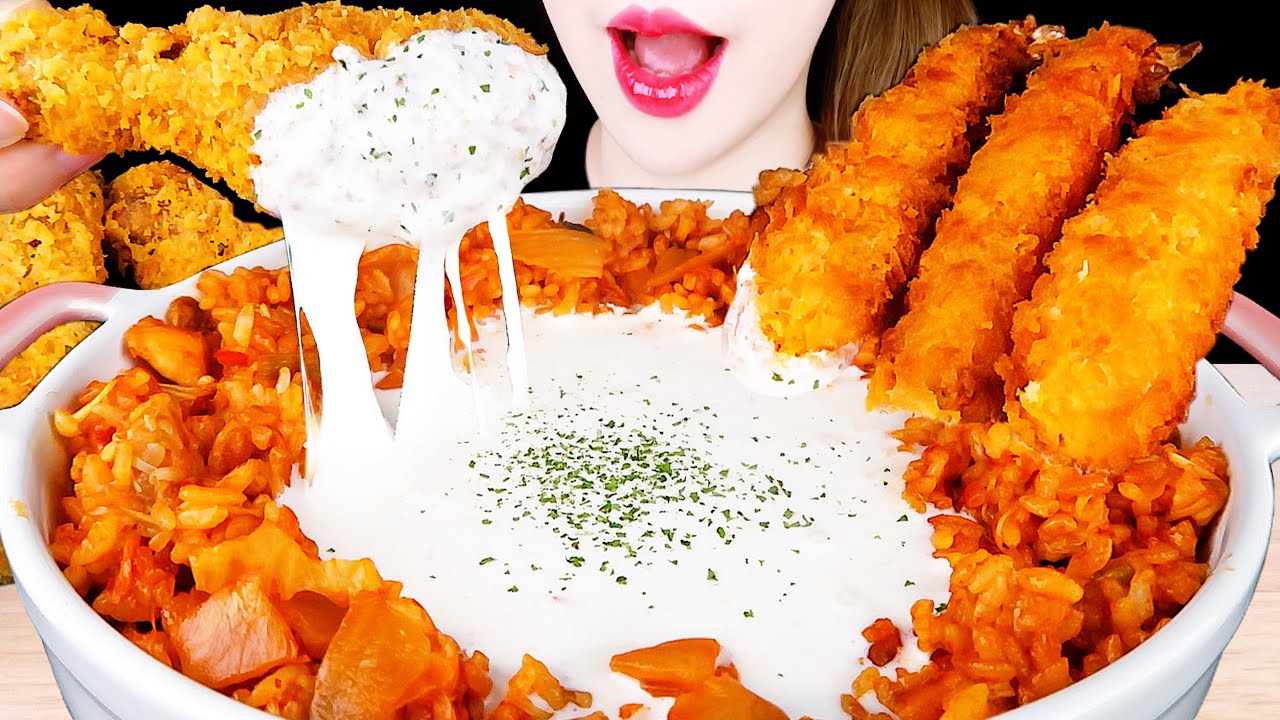 ASMR CREAM CHEESY FIRE KIMCHI FRIED RICE, FRIED CHICKEN, FRIED SHRIMP EATING SOUNDS MUKBANG 먹방 咀嚼音