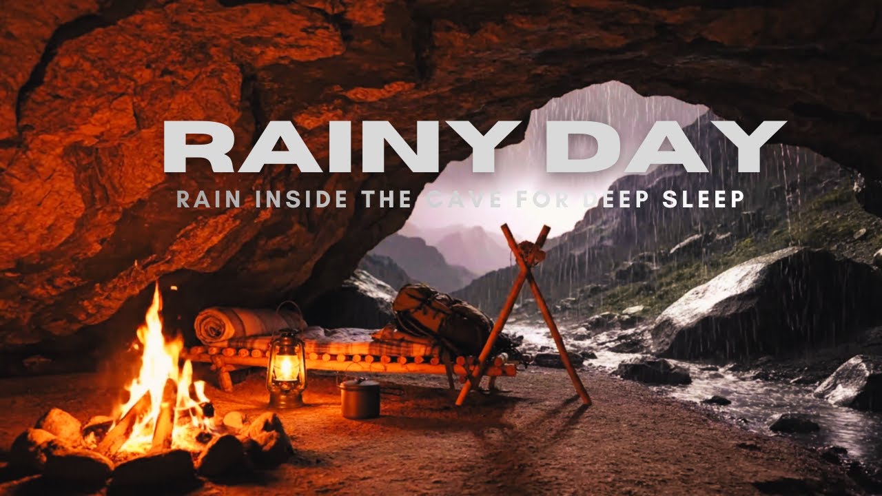 Warm Cave Ambience 🌧️🔥 Rain, Fireplace & Thunder Sounds for Deep Sleep on a Peaceful Night 🌧️🔥