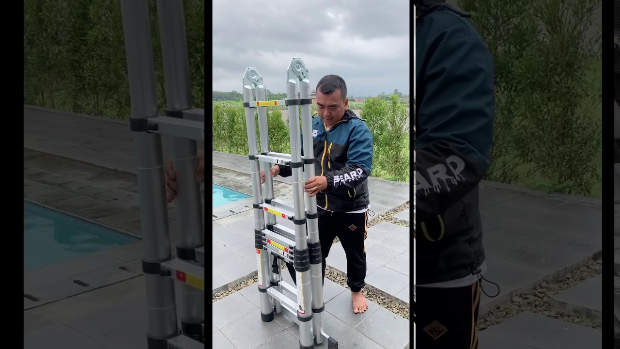 Cara cepat dan mudah membuka dan melipat tangga lipat double aluminium telescopic ladder 5 meter AMG
