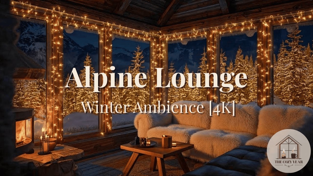 Cozy Mountain Lodge Lounge – Fireplace Warmth & Snowy Night Ambience [4K]