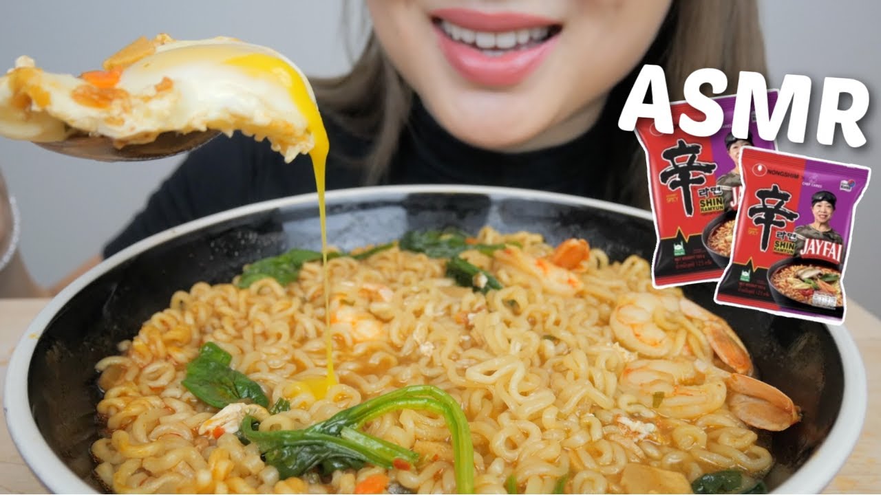 ASMR Nongshim - SHRIMP Shin Ramyun Tom Yum Noodles with Soft Eggs *No Talking Slurping Eating Sound