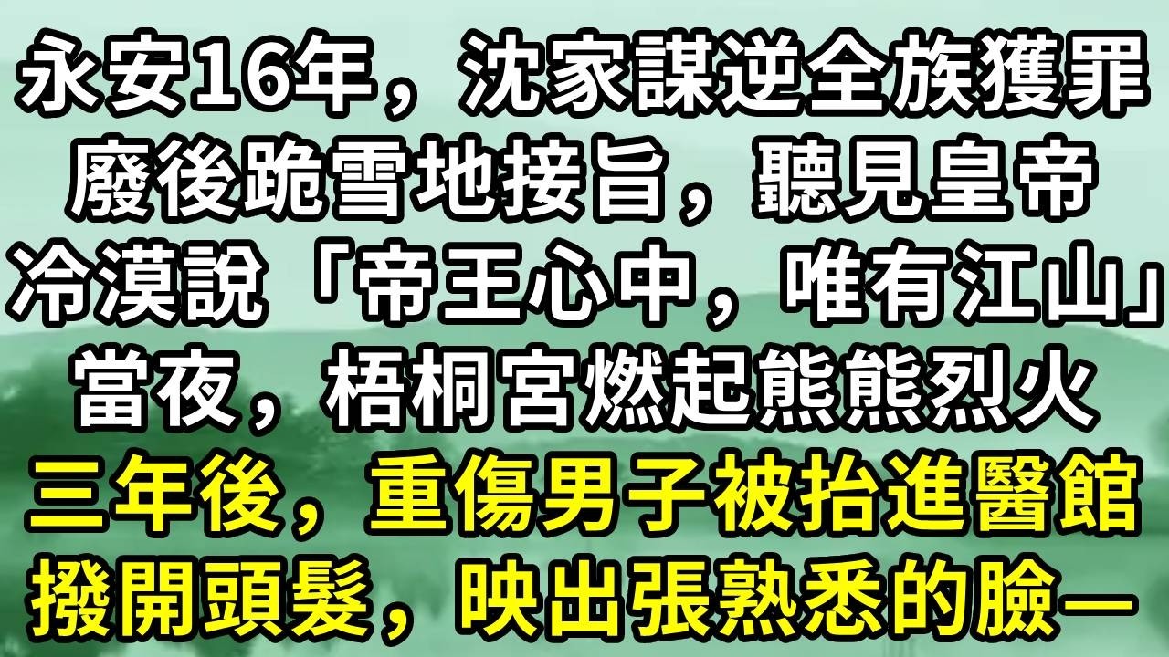 永安16年，沈家謀逆全族獲罪。廢後跪雪地接旨，聽見皇帝冷漠說「帝王心中，唯有江山」。當夜，梧桐宮燃起熊熊烈火。三年後，重傷男子被抬進醫館。撥開頭髮，映出張熟悉的臉—