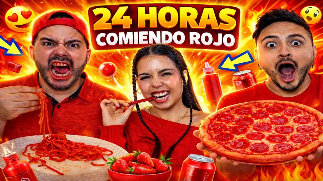 24 HORAS comiendo SOLO COMIDA ROJA 🔴🍕 (¡casi no lo logramos!)