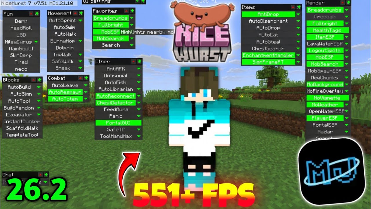 NiceWurst Client MJLauncher 26.2 Mobile | 551+ FPS Boost 🤯 | Best Minecraft Java Client Android 🔥