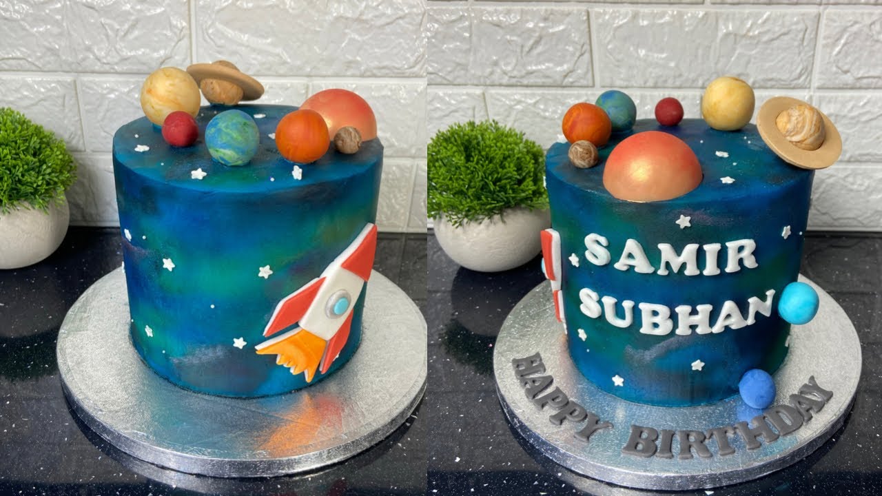 Solar System Galaxy airbrushed theme Cake with Fondant planets and rocket #solarsystem