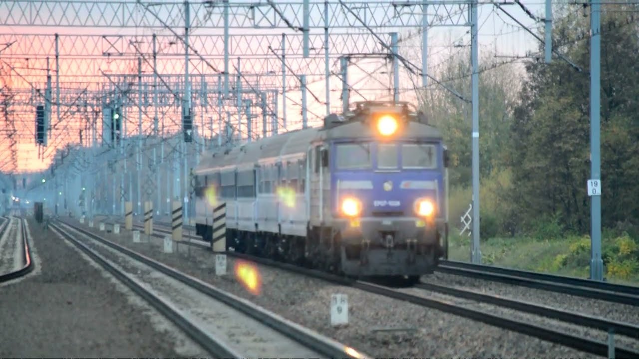 Sunset and trains in Parzniew (Poland)