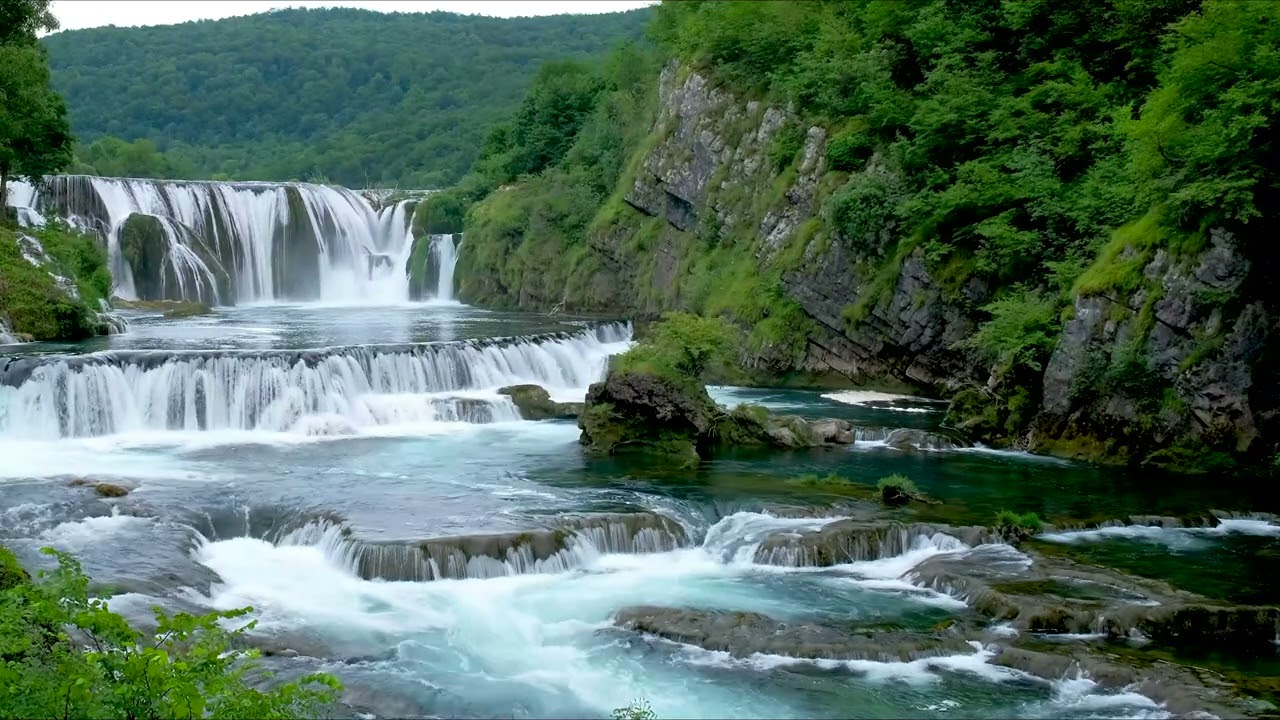 Beautiful Waterfall on a Flowing River 4k. Nature Sounds. Waterfall 4K, White Noise for Sleeping.