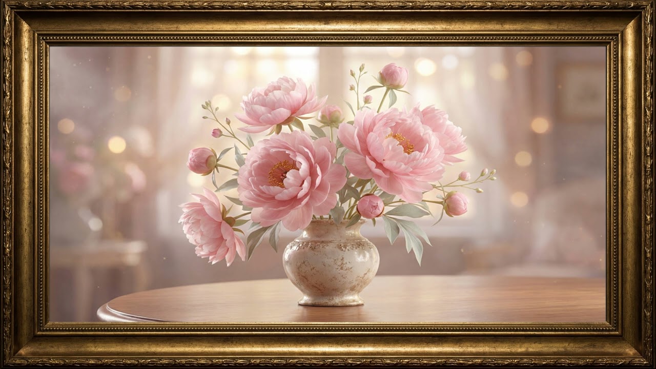 Luxury Floral Wall Art | Timeless 3D Peonies with Elegant Cinematic Glow | Frame TV Art Wallpaper