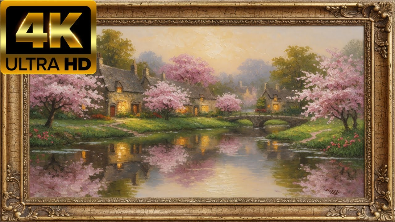 Antique Frame | Luminous Spring River Village 4K | Cozy Twilight Ambience & Water Reflections for TV