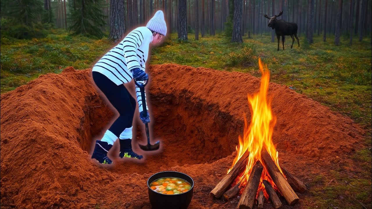 She Built an Underground House Alone in the Wild p.1🌿 Bushcraft Shelter & Chicken Soup ASMR 🍲