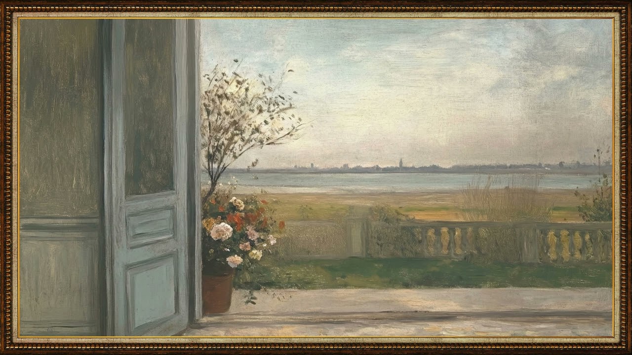 Vintage Terrace View over River &bull; 4K Frame TV Art &bull; European Landscape Painting | Cozyland Prints