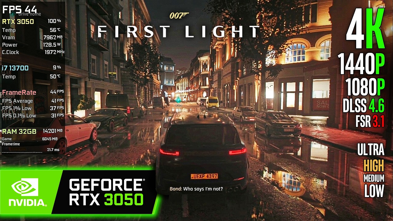 RTX 3050 | 007 First Light &mdash; 4K, 1440p, 1080p, DLSS 4.6, FSR 3.1 &mdash; Ультра, Высокие, Средние, Низк...