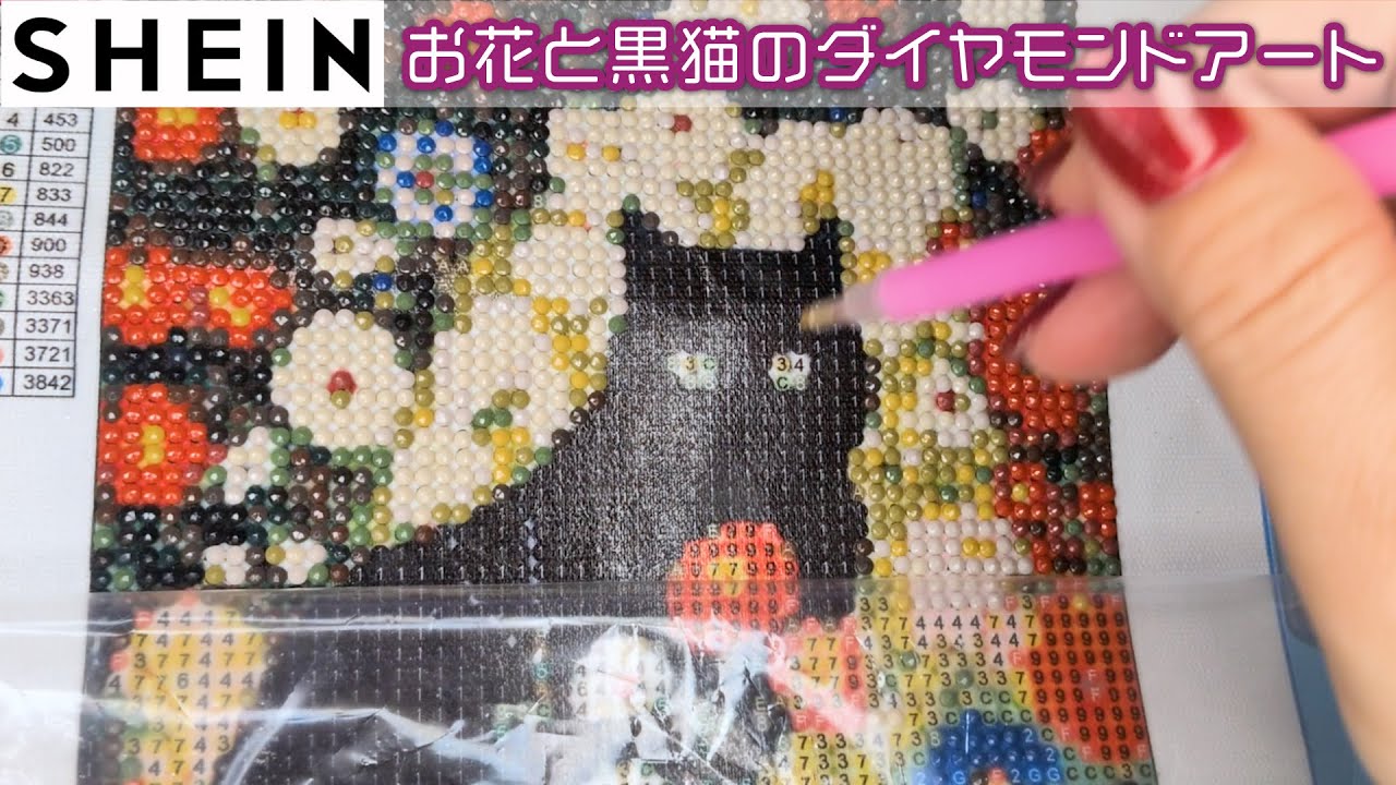SHEINで購入★お花と戯れる黒猫のダイヤモンドアート