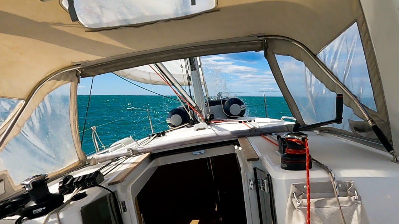 Force 6 Camargue crossing in Mistral wind. Beneteau Oceanis 38.1 ORZU sailing in the Mediterranean
