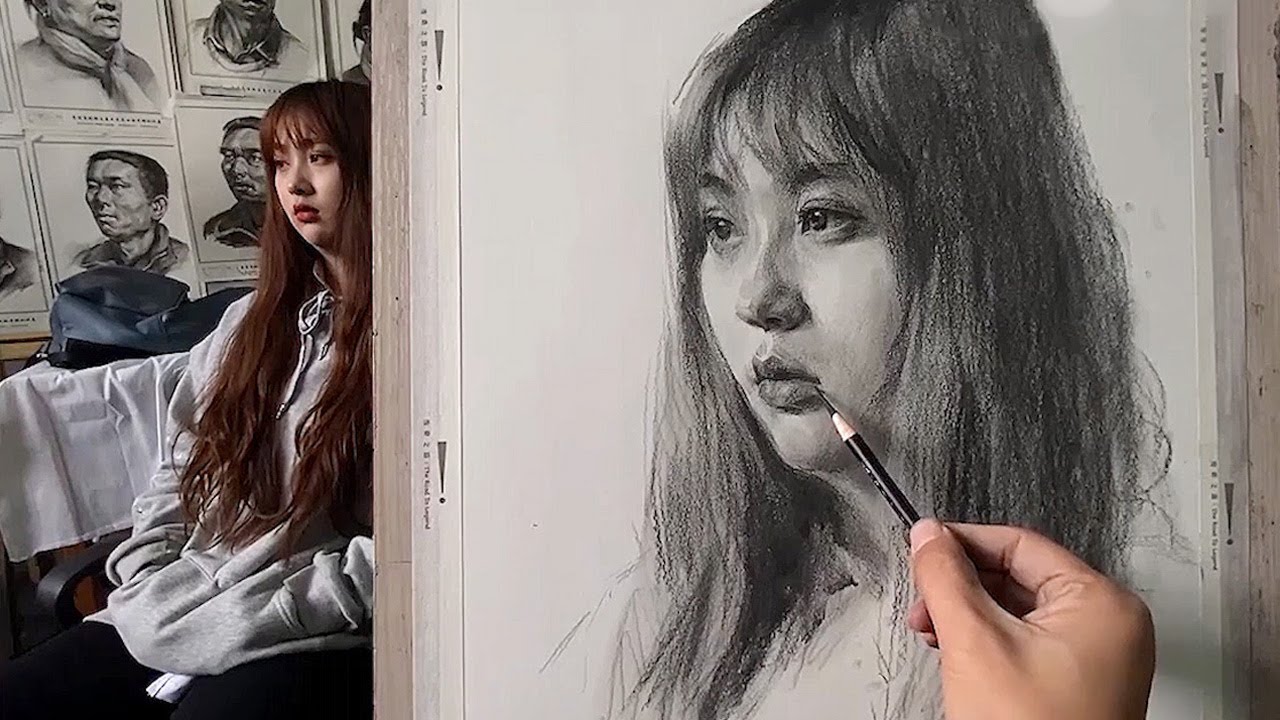 Woman portrait drawing in graphite pencil