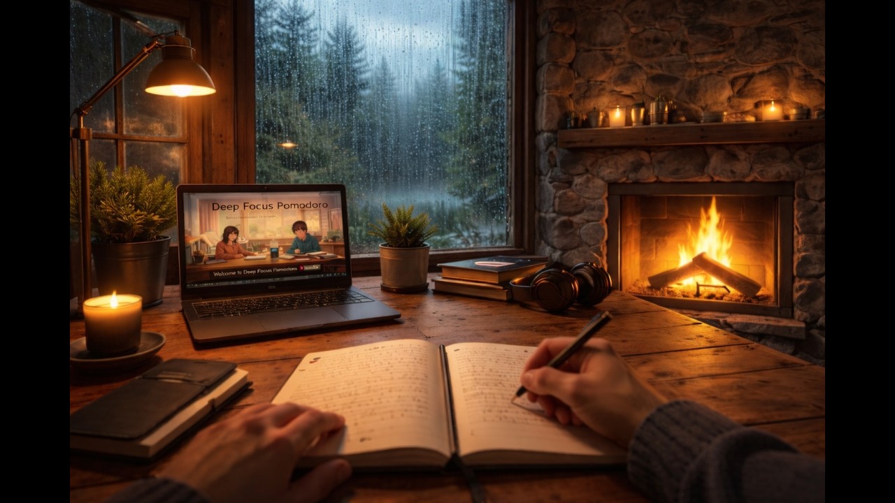 (2 Hours)Pomodoro Timer 25/5 ⏱ Rainy Cabin Study Session | Fireplace Ambience